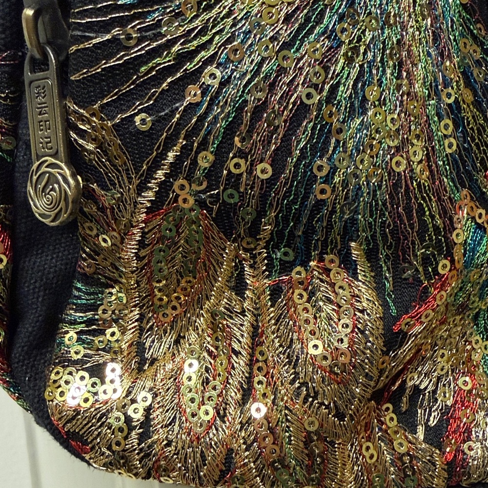Embroidered Sequin Crossbody Bag 3 zip compartments tp handle vintage unique EUC - Picture 4 of 17